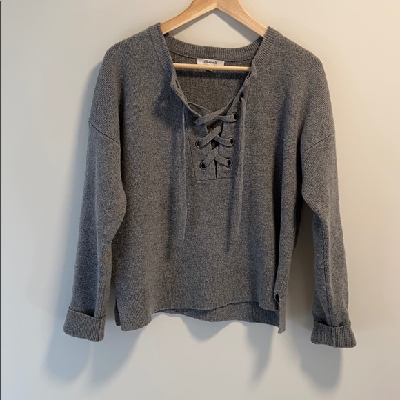 Madewell Grey Lace Up Sweater Merino Wool - Picture 4 of 11